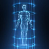 Human body halogram in rays. Digital anatomy, Medical technology, Muscle structure, Health innovation, 3D model, DNA biotechnology, Body system, Science medicine, Healthy anatomy concept