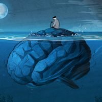 Old man sitting on a brain-shaped rock submerged in water. Dementia and alzheimer concepts. (Used clipping mask)