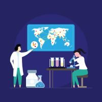 Corona virus Vaccine Research Development in Lab, Scientists in laboratory, chemical researchers with lab equipment, Young woman scientist looking through a microscope in a laboratory doing chemical research, microbiological analysis or medical test